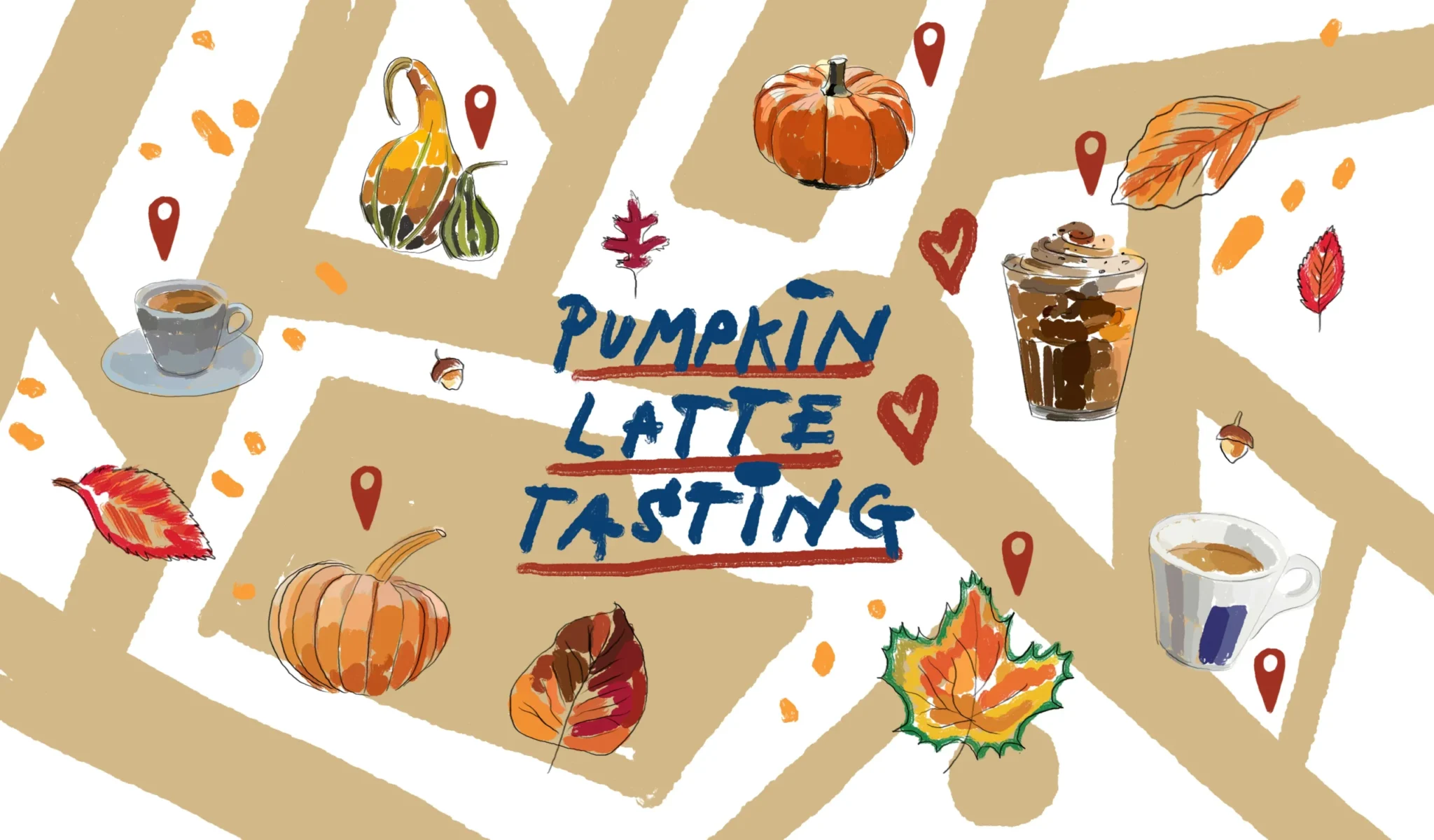 Grafica con scritta Pumpkin spice latte con icone di caffè e zucca