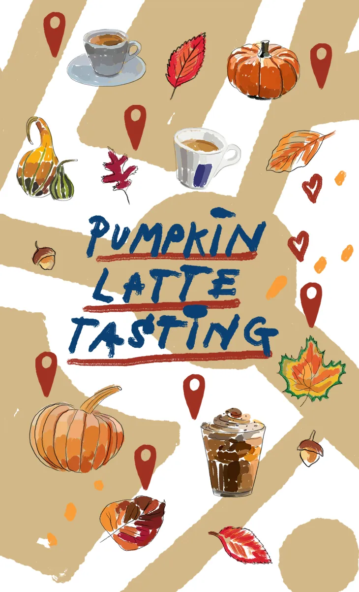 Grafica con testo Pumpkin Spice latte e icone di caffè e zucca